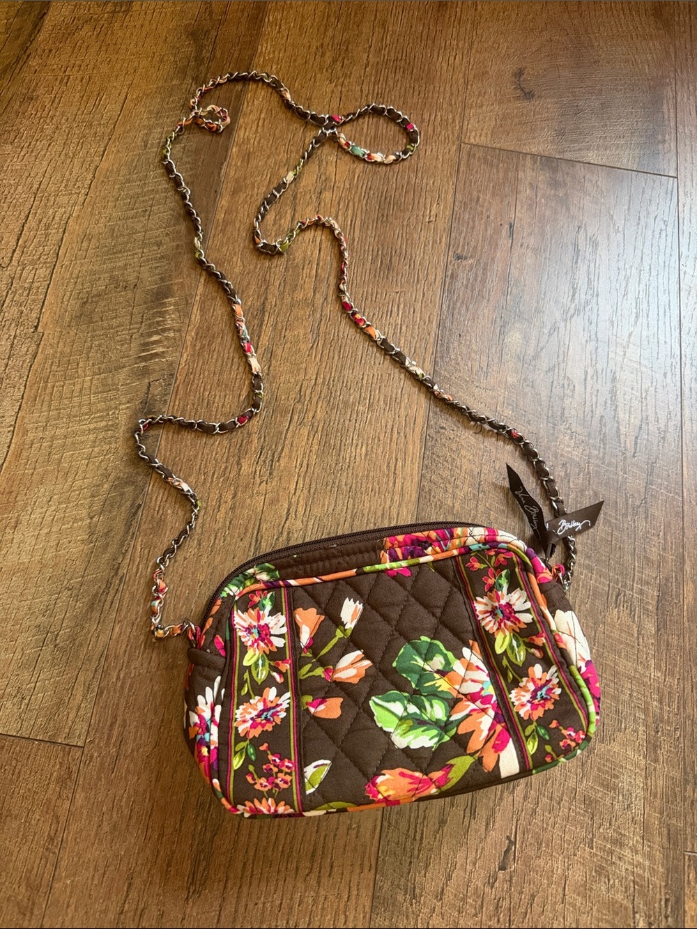 Vera Bradley Brown Quilted Floral Crossbody with Multicolor Chain Strap